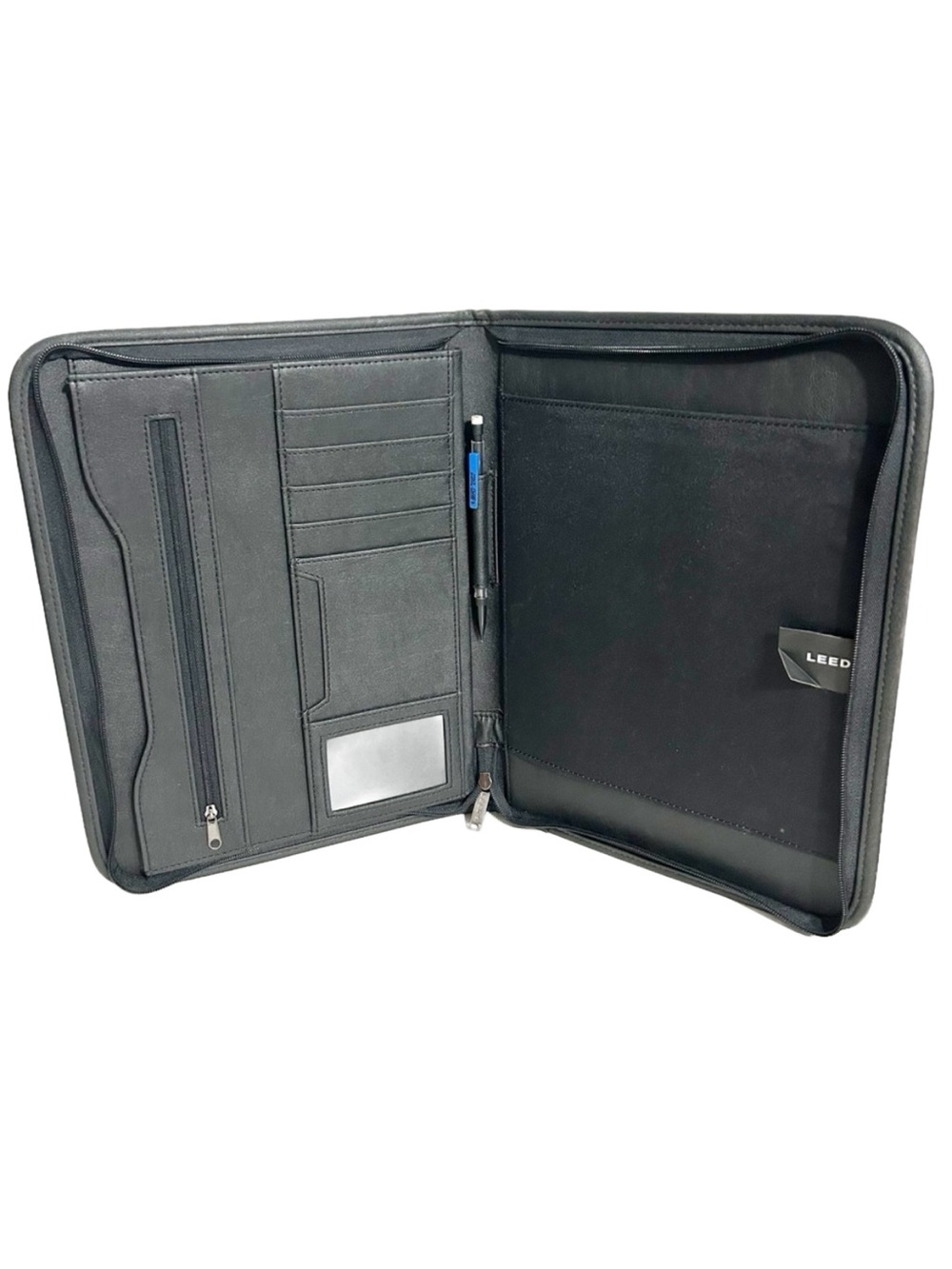 Leeds Black Faux Leather Zip Around Organizer Portfolio Document Keeper Pockets
